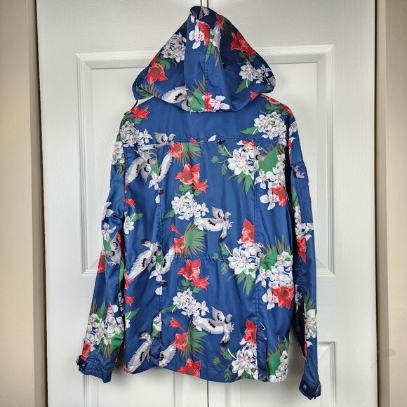 Staple Hooded Rain Jacket Coat Pigeon Brand Blue Floral Birds Print Size M - Picture 4 of 16